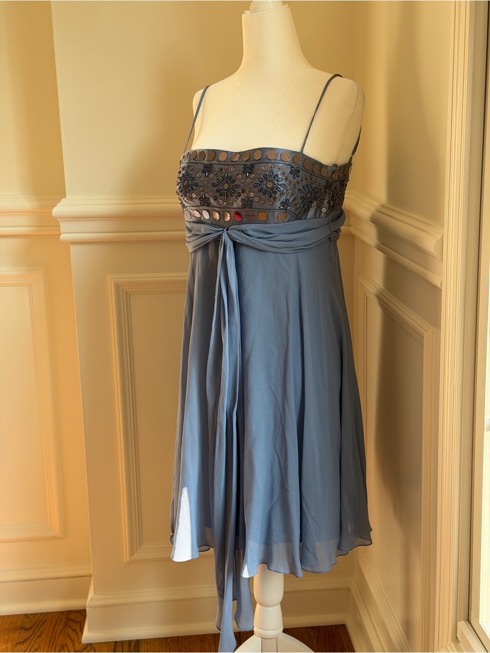 2000’s BCBGMaxAzria Steel Blue Whimsical Babydoll Embellished Midi Dress